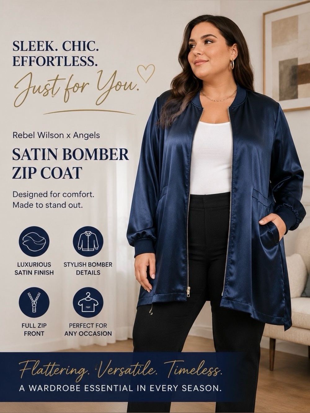 Rebel Wilson x Angels Satin Bomber Jacket 2X Navy Blue Zip Coat